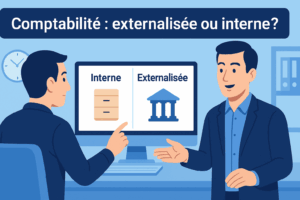Dirigeant de SASU comparant deux options de gestion comptable sur ordinateur, accompagné d’un expert-comptable