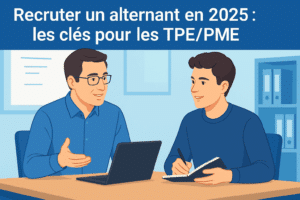 Chef d’entreprise de petite société discutant avec un jeune alternant dans un bureau moderne, symbolisant l’alternance professionnelle en 2025 en TPE/PME à Chazelles-sur-Lyon.