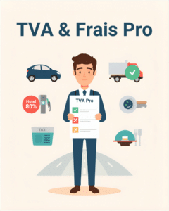 Dirigeant TPE en déplacement professionnel avec tableau de déductibilité TVA — frais hôtel, carburant, restaurant, cadeaux