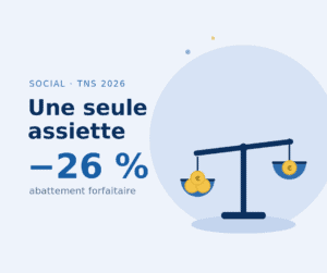 Schéma réforme cotisations sociales TNS 2026, assiette unique et abattement 26 %, conseil indépendants MDL Expertise Loire
