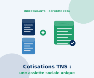 Illustration flat design de deux bases de calcul fusionnant en une assiette sociale unique pour les cotisations TNS en 2026